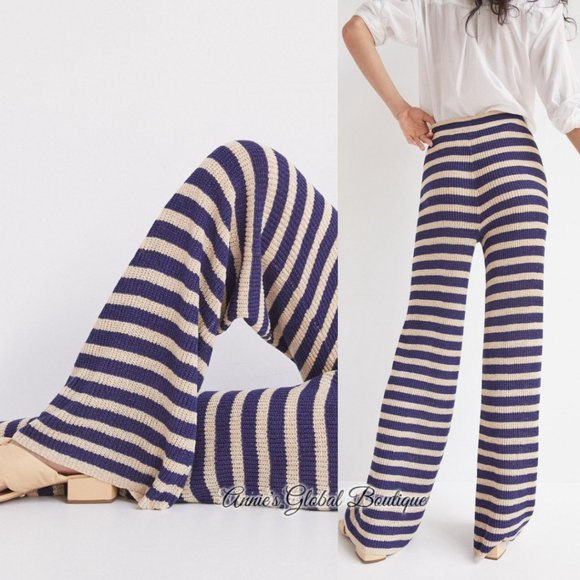 RARE NWT ANTHROPOLOGIE FLAT WHITE Striped Knit Pants. Size L - Picture 7 of 16